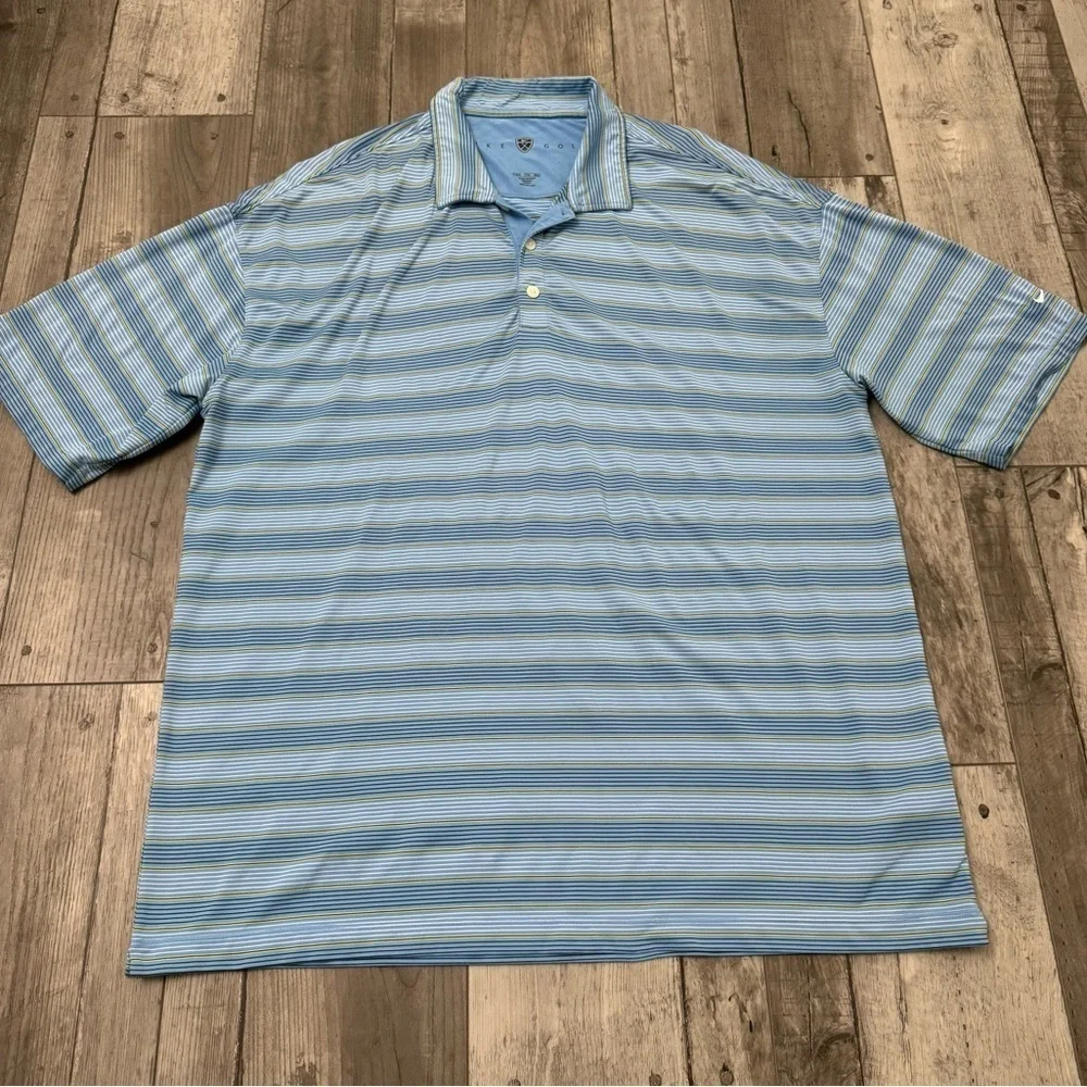 Nike Golf Polo Mens XXL Dri Fit Blue Striped Embroidered Shirt UV Protec…